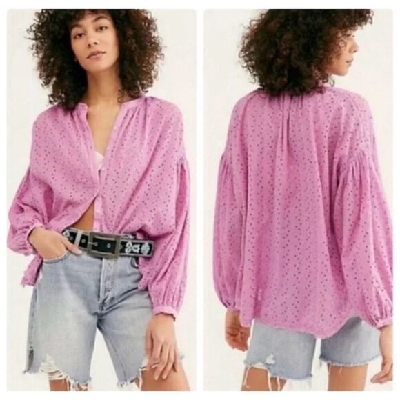 Free People Maddison Eyelet Blouse Orchid L Button Front Long Sleeve Oversized - Picture 1 of 16